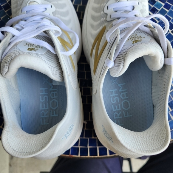 New Balance White and Gold Athletic Shoes - Picture 4 of 8